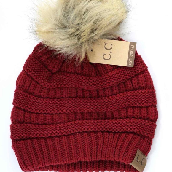 Country Pink Boutique Accessories - Deluxe Warm Red CC Beanie with Fur Puff